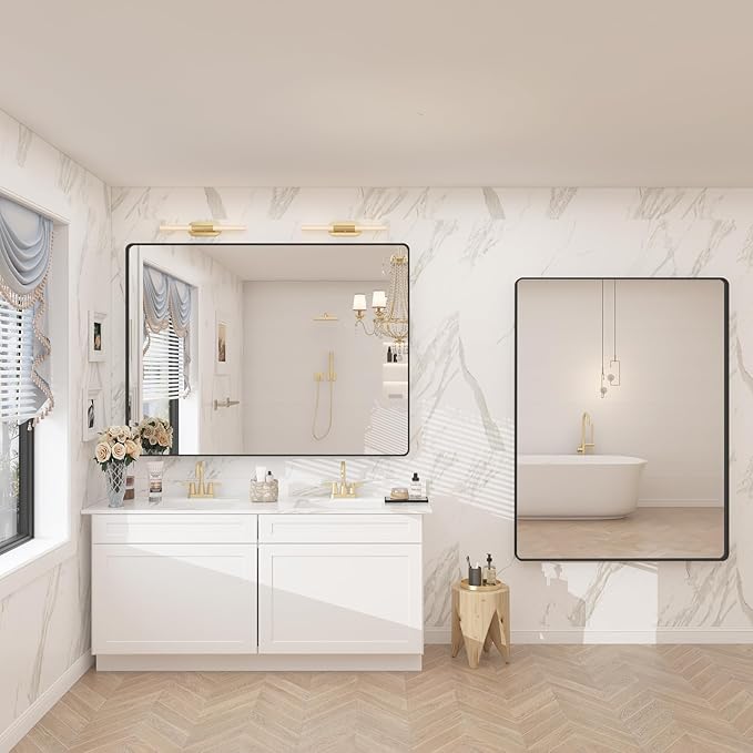 55x40 Inch Black Metal Framed Bathrrom Mirror for Wall, Black Matte Rounded Rectangle Bathroom Vanity Mirror, Anti-Rust, Tempered Glass, Hangs Horizontally or Vertically