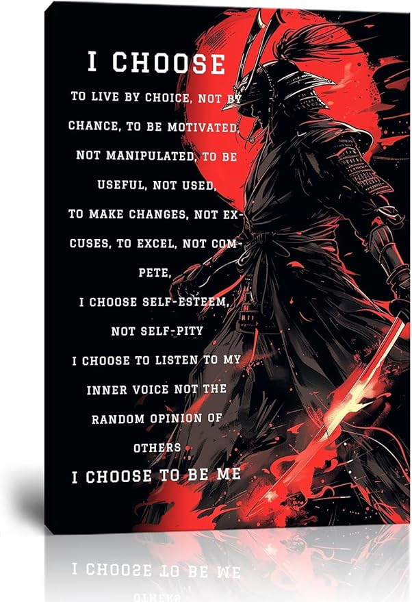 Armored Samurai Wall Art I Choose to Live by Choice Canvas Prints Vintage Japanese Artwork Black Motivational Poster Inspirational Quotes Painting for Men Bedroom Living Room Office (12''W x 16''H)