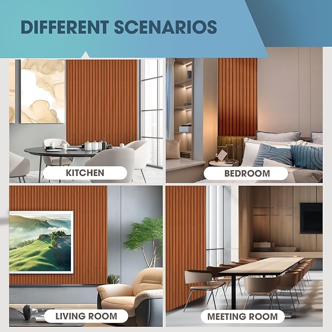 OUZUGIE WPC Acoustic Slat Wall Paneling, 8-Pack 114 x 6 Inches 3D Wall Panels for Interior Wall Decor,Living Room,TV Background,Study Room,Office Spaces,Bedroom,Low Grille (Teak)