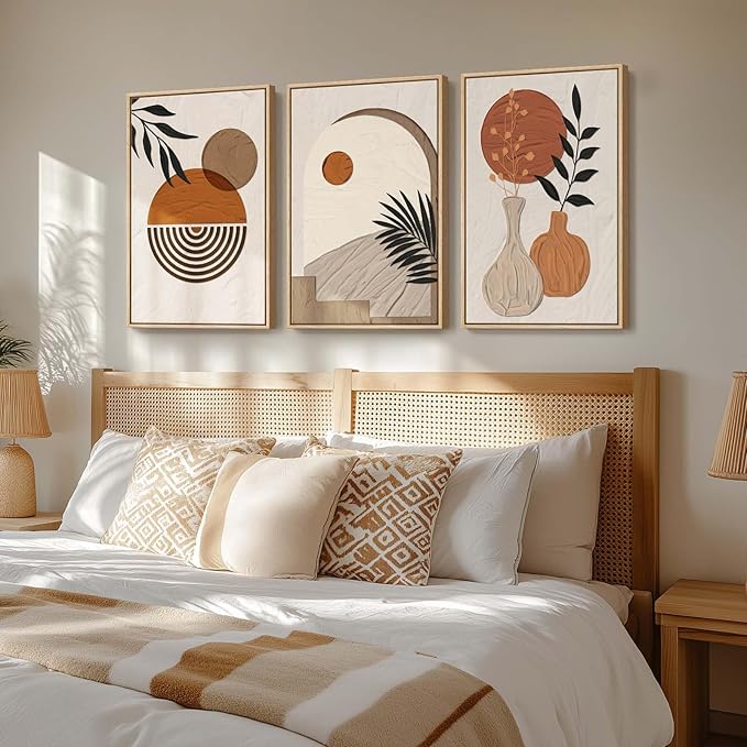 Large Boho Framed Wall Art for Living Room, Set of 3 Piece Neutral and Orange Canvas Paintings Artwork for Walls, Bohemian Wall Hanging Art Prints Picture for Office Wall Decor Big Size Total 30x60 In