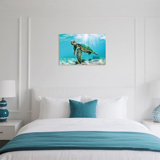 JAPO ART Green Sea Turtle Wall Art Submarine Picture Blue Ocean Animal Painting Coastal Wall Decor Framed Ready to Hang for Bathroom Livingroom 24x36Inch