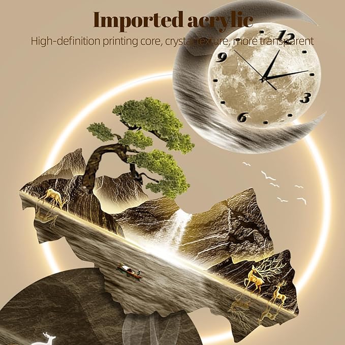 LED Light Art Wall Decor, 3D Art Wall Decor Clock, Decor Wall Sculptures with Lights, Modern Home Decor Landscape Wall Sculpture, Plug-in Power Supply, Gold B, 19x39IN