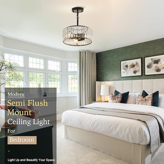 Modern Crystal Black Chandelier,11.7 inch semi Flush Mount Ceiling Dining Light Fixture with 3*E12 Base,Round Pendant Lighting for Dining Room Bedroom Hallway Bathroom Foyer Kitchen