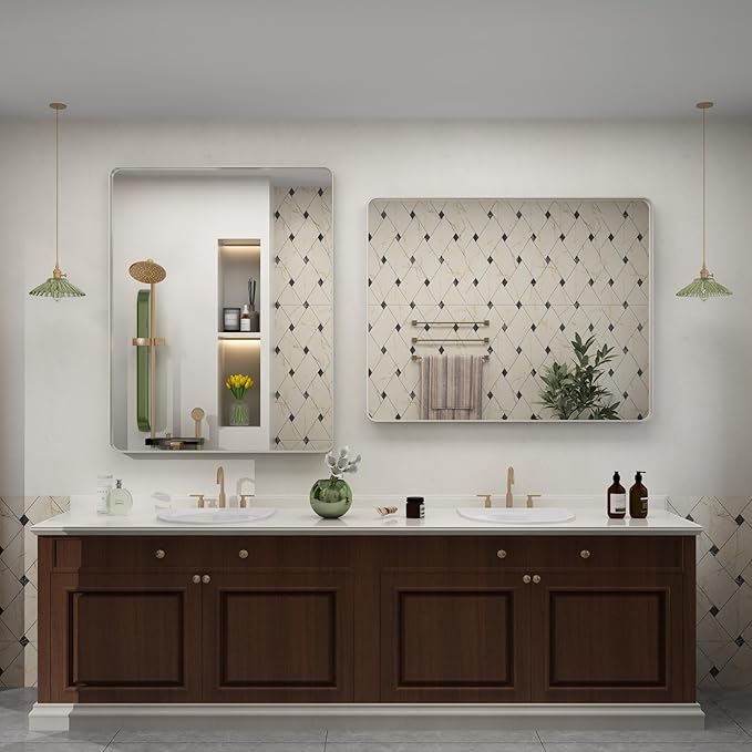 40x30 Silver Brushed Bathroom Mirror for Wall, Brushed Metal Framed Bathroom Vanity Mirror, Modern Rectangle Mirror, Rounded Corners, Shatterproof (Horizontal/Vertical)