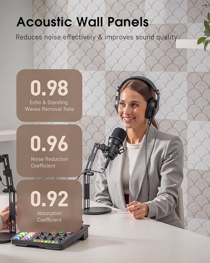 Acoustic Panels Self-Adhesive, 12 Pack Sound Proof Foam Panels for Walls, 12" X 12" X 0.4" High Density Soundproof Wall Panels for Door, Ceiling, Home Office Beige