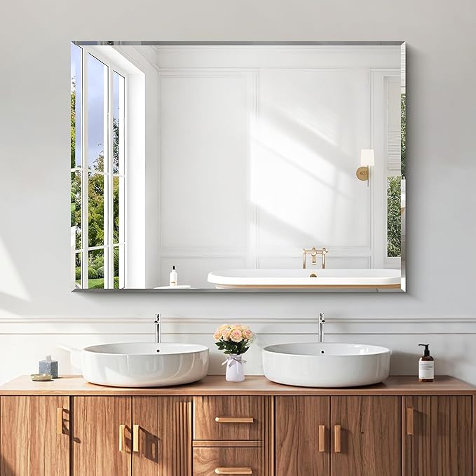 KOCUUY Beveled Mirror, 48x36 Inch Large Frameless Bathroom Mirror for Over Sink, Upgraded Shatterproof Beveled Unframed Design Mirror for Bathroom, Bedroom, Hang Horizontal/Vertical
