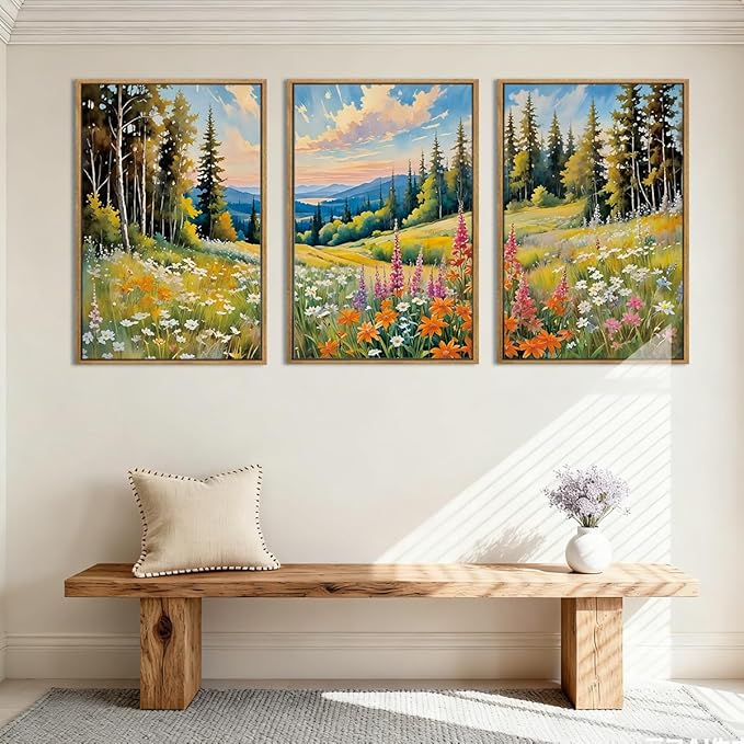 Anyzal Colorful Woodland Wall Art Large Floral Field Wall Decor 16x24 Inch Set of 3 for Living Room Bedroom Dining Room