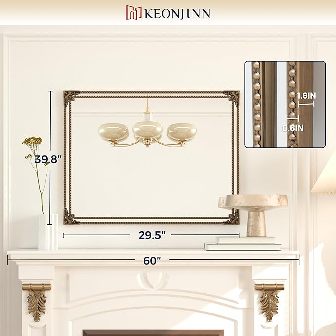Keonjinn Brass Vintage Mirror for Wall, 40" x 30" Antique Gold Mirrors with Metal Frame, Baroque Style Decoration for Mantle, Bathroom, Living Room, Fireplace, Bedroom, HD Shatterproof Glass