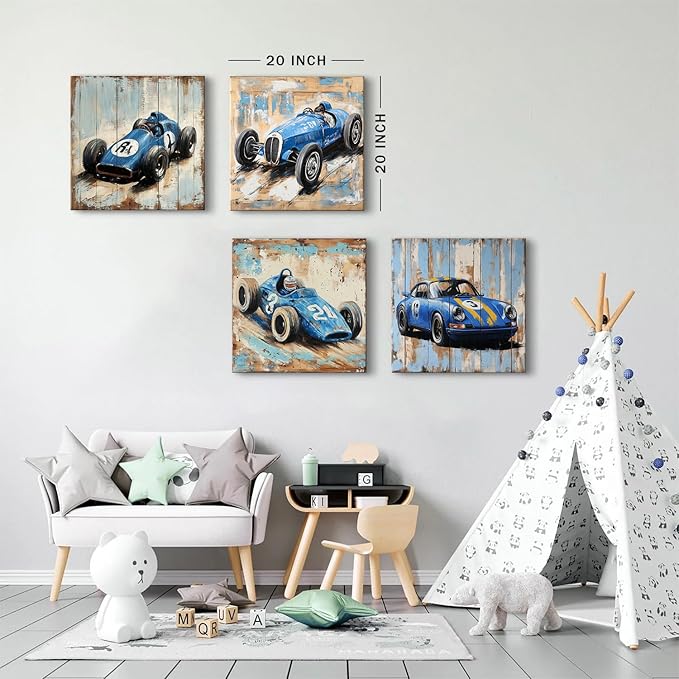Kids Wall Art Trucks Wall Decor Rustic Farmhouse Racing Car Wall Art for Nursery Room Kindergarten Dormitory Home Decorations Cartoon Themed Vehicles Poster Toddler Boys Modern Artworks 20x20" 4 Pcs