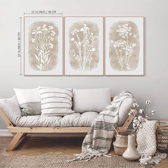 Neutral Wildflower Framed Wall Art Boho Botanical Vintage Minimalist Floral Canvas Farmhouse Wall Decor Beige Prints for Living Room Bedroom Office, 3 Panels, 16x24 Inch