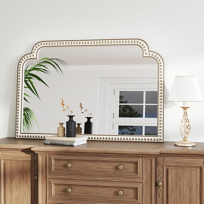 36''x24'' Farmhouse Wood Decorative Wall Mirrors with Beads, Boho Large Wide Arch Mirror for Living Room, Bedroom, Entryway, Fireplace