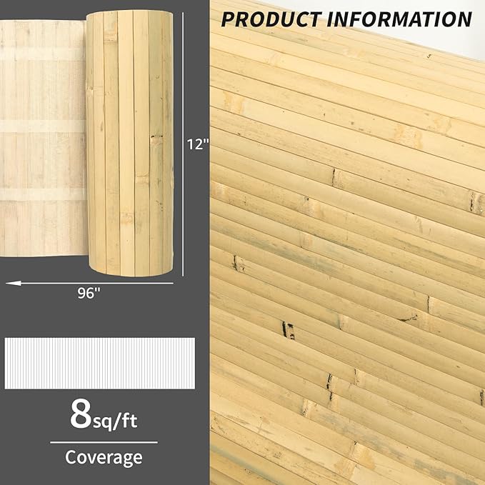 Art3d Natural Bamboo Wall Panel for Interior Wall Decor, Renewable Pole Wrap Wainscoting Paneling for Wall Ceiling Furniture Cabinet Office, 12 x 96 Inch - Natural