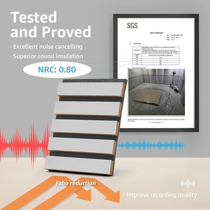 Art3d 2 Wood Slat Acoustic Panels for Wall and Ceiling - 3D Fluted Sound Absorbing Panel with Wood Finish - Silver