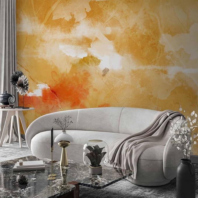 artgeist Wall Mural Abstract 116x83 in - Peel and Stick Self-Adhesive Wallpaper Removable Large Sticker Foil Wall Decor Print Design Watercolor Paint Stains Like Painted Orange a-A-0938-a-a