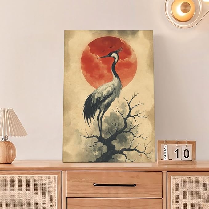 Japanese Crane Wall Art Oriental Asian Wall Decor Sandhill Crane Canvas Pictures Paintings Prints Japan Traditional Aesthetic Artwork Framed Chinese Decorations For Bedroom Living Room Office Gifts 16" x 24"
