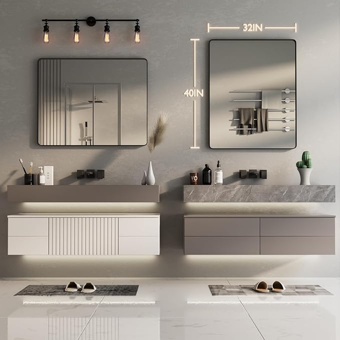 Black Bathroom Mirror for Wall, 40x32 Inch Matte Black Framed Bathroom Vanity Mirror for Farmhouse Living Room Bedroom, Anti-Rust, Tempered Glass, Rounded Corner Horizontal/Vertical