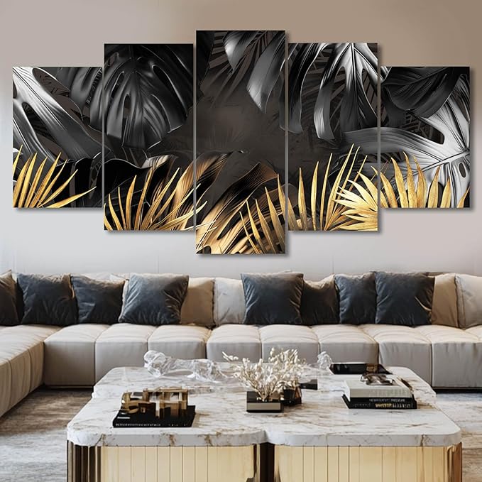 Black and Gold Leaves Painting Wall Decor for Living Room Nature Canvas Art Modern Artwork Framed Prints for Home Bedroom Picture Poster 5 Pieces Ready to Hang (12"x20"x2pcs+12"x28"x2pcs+12"x32")