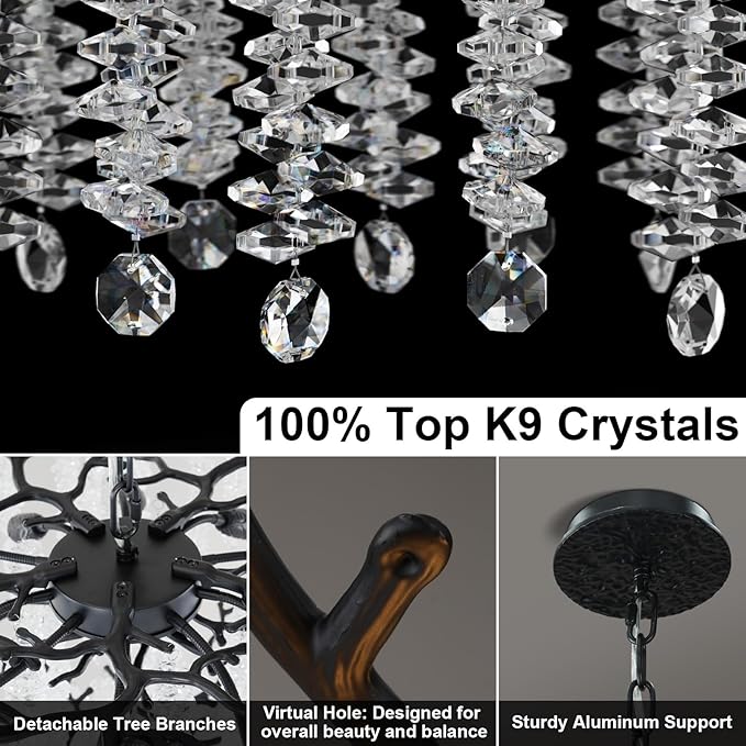 118'' Black Branch High Ceiling Chandelier, 28-Light Modern Long Tree Chandeliers, 3CCT Dimmable, Large Luxury Foyer Chandelier, Raindrop K9 Crystals Fixtures for Staircase, Entryway, Living Room