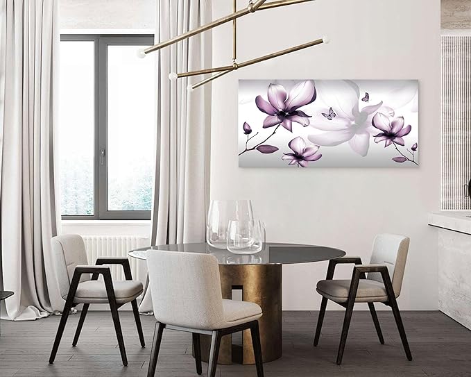 Muolunna BK06562 Purple Magnolia with Butterfly Flower Canvas Wall Art Picture 1 Panel 3D Wallpaper Modern Art Prints Painting for Bedroom Modern Office Wall Decor Artwork