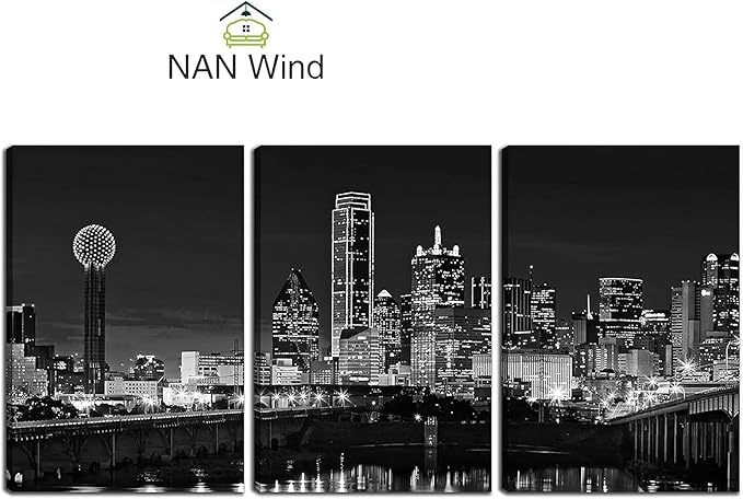 NAN Wind 3 Pcs Wall Art Dallas Skyline Black & White Canvas Art Paintings For Room Decor Dallas Cityscape Skyscrapers Night Scene Picture Prints On Canvas For Home Decor Modern Giclee Framed