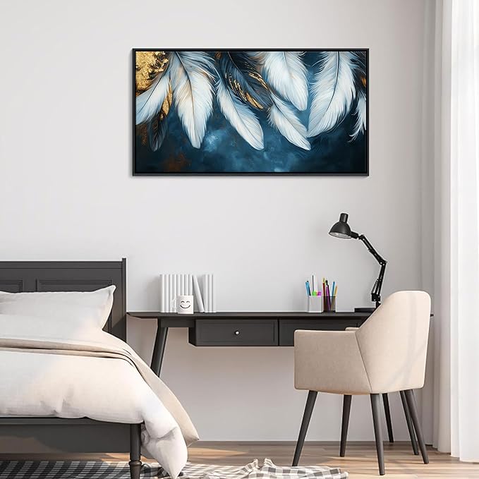Mofutinpo Blue and Gold Wall Art Framed Navy Blue Decor for Living Room Feather Canvas Art Wall decorations, Blue Bedroom Wall Decor Above Bed Pictures Wall Decor, Painting - Artwork for Walls 20×40IN