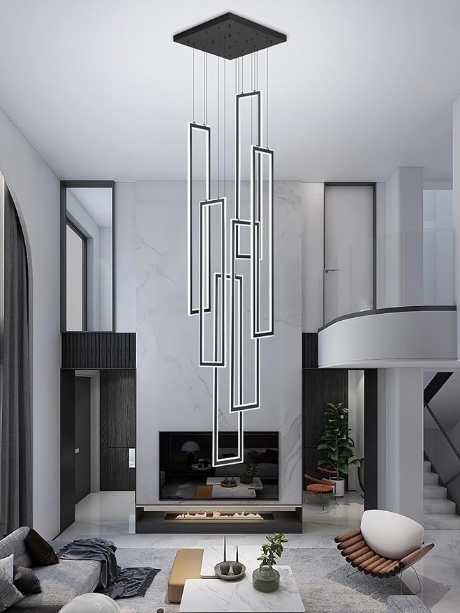 6-Rings Modern Chandelier,H138 Rectangle Chandeliers for Staircase,LED Dimmable High Ceiling Chandeliers Large Contemporary Chandelier for Villa Foyer Black