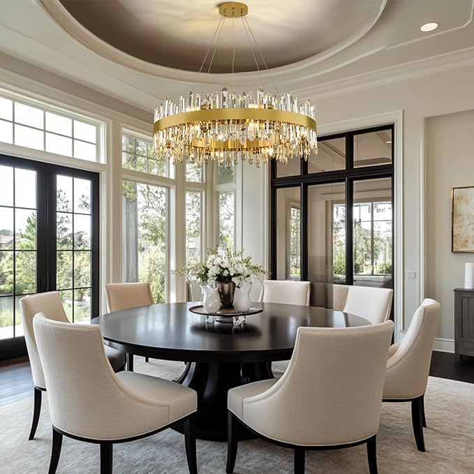 Modern Crystal Chandelier, 16-Lights Round Chandelier for Dining Room 2 Tiers, 32'' Gold Adjustable Raindrop Chandeliers for Bedroom, Dining Chandeliers Over Table for Living Room, Bathroom