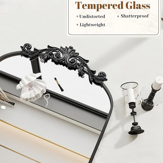 Arched Full Length Mirror, 71"x32" Full Body Mirrors with Carved, Floor Mirror for HomeDecor, Standing/Halling Large Wall Mirror for Bedroom, Living Room, Cloakroom, Black, Retro Style