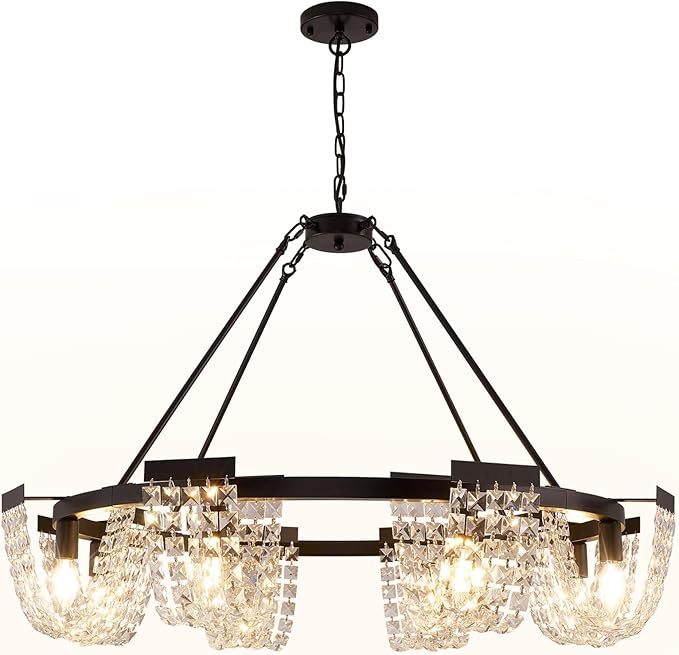 36" Black Chandelier, 6-Light Crystal Chandeliers for Dining Room, Dining Room Light Fixtures Over Table, Farmhouse Kitchen Island Lighting, Modern Pendant Lights for Living Room, Bedroom, Entryway