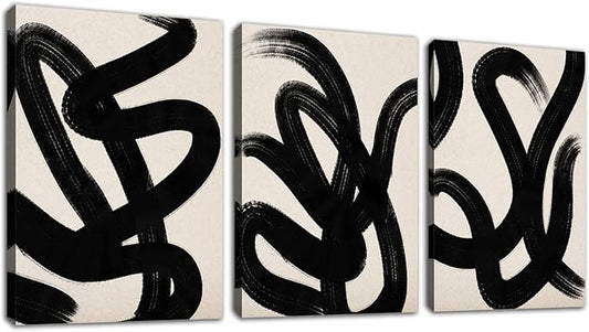 arteWOODS Wall Art Canvas Set Abstract Lines Pictures Modern Mid Century Boho Wall Decor Minimalist Abstract Black Stroke Lines Canvas Painting Artwork Living Room Bedroom Home Office 12"x16"x3