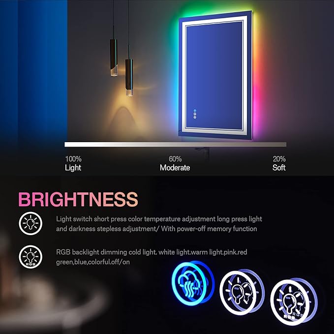 28x36 inch LED Bathroom Mirror RGB Color Changing Backlit Mirror Shatterproof Dimmable Anti-Fog Vanity Mirror with Double Lights (RGB Multicolor Backlit + Adjustable Front-Lighted)