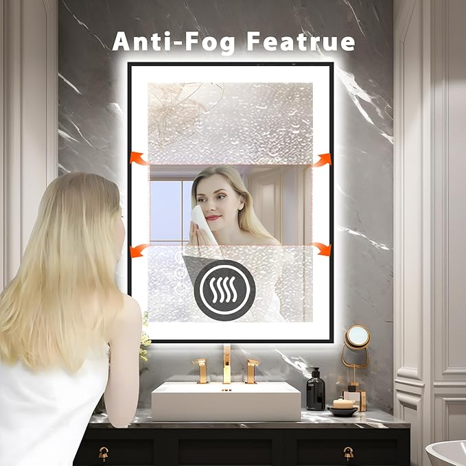 24x36 Bathroom LED Mirror, Black Aluminum Edge Lighted Mirror, 3 Colors Stepless Dimmable Vanity Mirror, Skincare, Anti-Fog, Shatter-Proof, ETL Listed, Memory Smart Mirror(Horizontal/Vertical)
