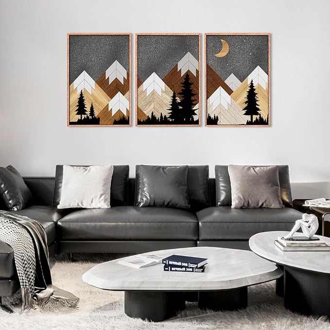 CHDITB Mountain Framed Canvas Wall Art Set, Country Wood Style Wall Decor, Rustic Farmhouse Wall Painting, Forest Nature Art Print for Living Room, Bedroom, Dinning Room, Office - Large Size 16"x24"x3