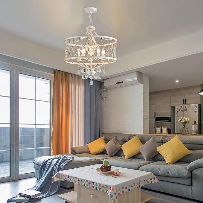 Modern Crystal Chandelier, 5-Light Farmhouse White Chandelier for Dining Room Vintage Hanging Pendant Light Fixtures Round Chandelier for Kitchen Island Entryway Foyer Bedroom Office Bar