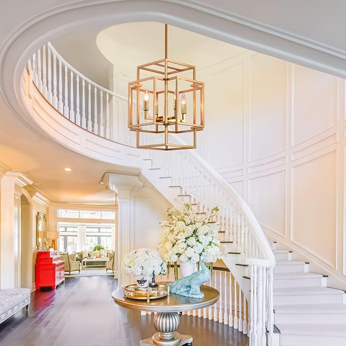 4-Light Modern Gold Chandelier, Farmhouse Dining Room Light Fixture, Industrial Ceiling Foyer Lighting Fixtures, for Kitchen Island Staircase Hallway Entryway