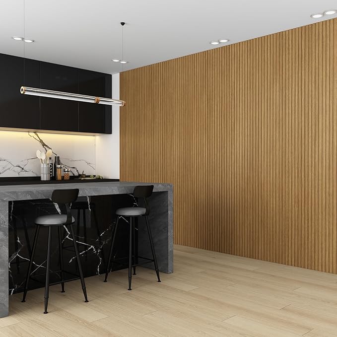 8-Pack WPC Wall Panels 118’’ x 6.3’’ 3D Slat Wall Panel Acoustic Wall Paneling for Interior Wall Decor TV Background Kitchen Bedroom Oak