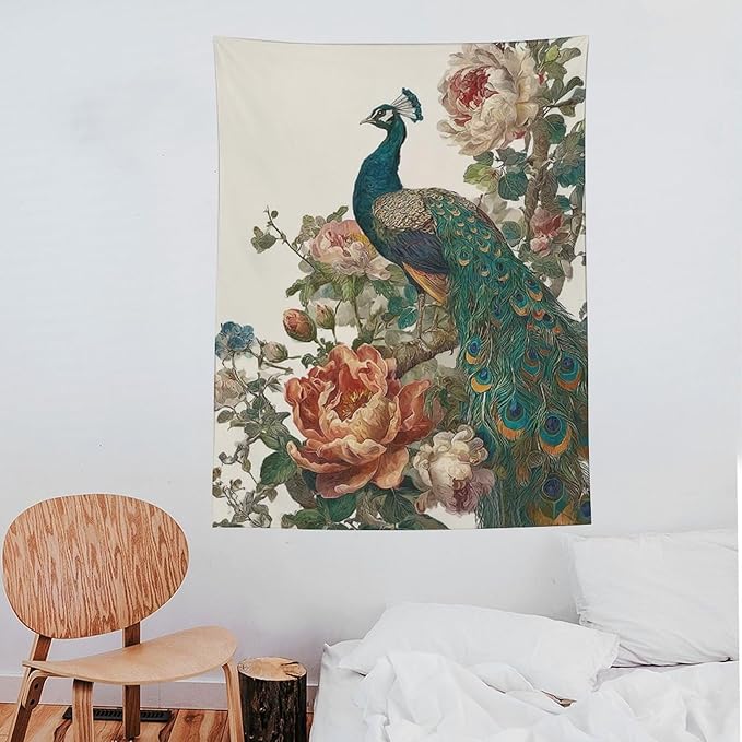 UUKXKUU Peacock Oriental Retro Blooming Flowers Tree Tapestry Wall Decor Large Wall Art Backdrop Flag Hanging for Bedroom Living Room Dorm Office 60"×80"