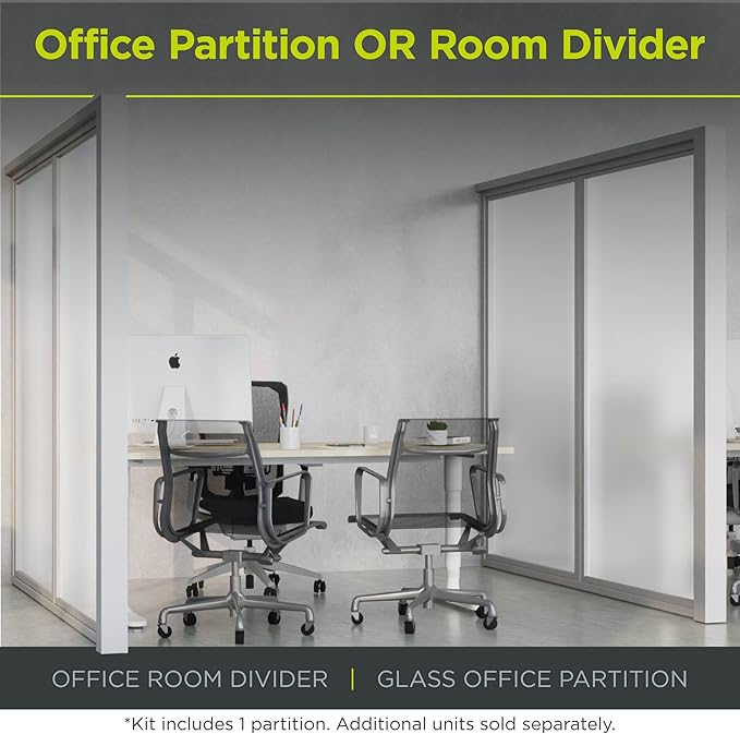 2-Panel Stationary Frosted Glass Partition Kit - Tempered Glass Privacy Wall Divider Screen for Office, Room, Cubicle, Desk - Commercial & Residential Separator - 4" D x 72" W x 84" H, Silver Frame