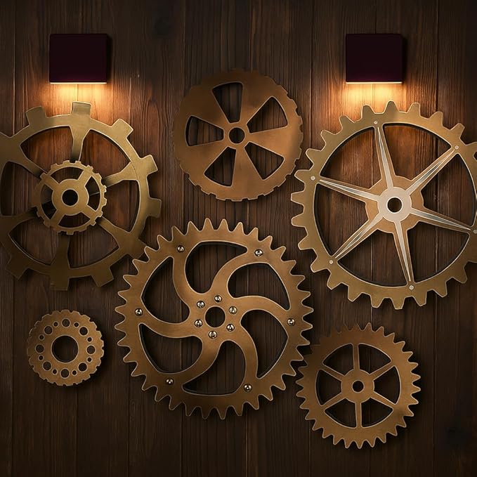 6 Piece Extra Large Vintage Wooden Gears Wooden Gears Wheels with Rustic Metal Look - Industrial Style Wall Decor Set for Home, Bar, Cafe, and DIY Crafts