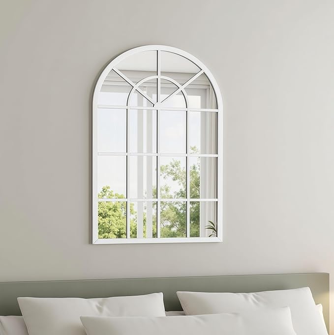 Arch Wall Mirror Mounted Decorative, 31"x42", Arched Window Pane Mirror for Wall-Mounted for Entryway, Bathroom Vanity, Living Room or Bedroom, Iron Frame, White