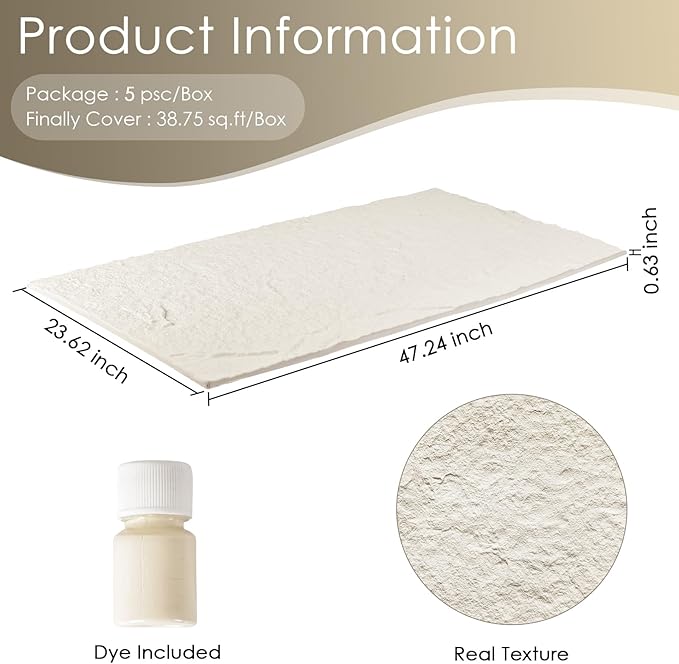 5-Pack 3D Faux Stone Wall Panels, PU Cement-Texture Wainscoting Panels for Interior Walls – Waterproof & Lightweight, Covers 38.7 Sq.Ft, 47.2" x 23.6", for TV Wall, Office, Living Room,White