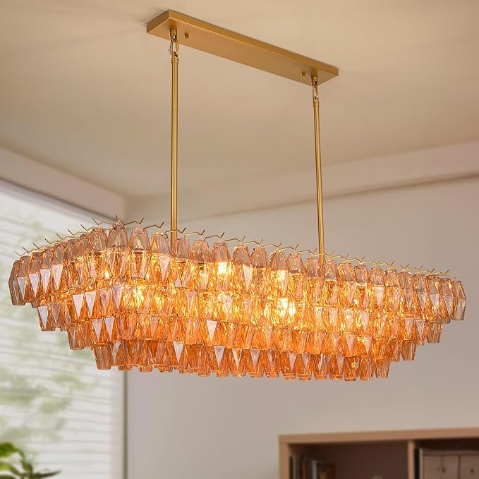 Modern Gold Rectangular Chandeliers for Dining Room, 14-Light 4 Tiered Crystal Brass Chandelier Over Dining Table, Amber Glass Chandeliers for Kitchen Island, Long Chandelier for Living Room