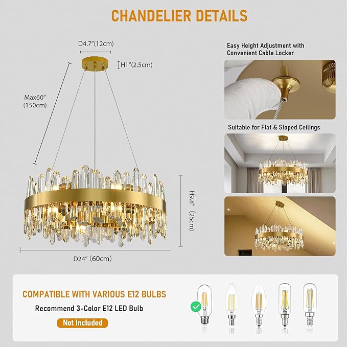Modern Crystal Chandelier, 24in K9 Crystal Chandeliers for Dining Room, 12 Lights 2 Tier Dimmable Round Gold Chandelier, Adjustable Modern Chandeliers for Living Room, Bedroom, Bathroom, Kitchen Foyer