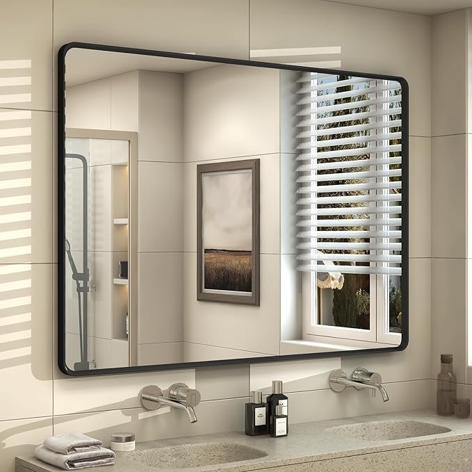 OKPAL 44X32 Inch Matte Black Bathroom Mirror, Black Framed Bathroom Vanity Mirror, Black Rectangle Mirror, Round Corner, Rustproof, Shatter-Proof (Horizontal/Vertical)