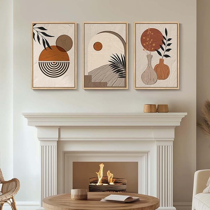 Large Boho Framed Wall Art for Living Room, Set of 3 Piece Neutral and Orange Canvas Paintings Artwork for Walls, Bohemian Wall Hanging Art Prints Picture for Office Wall Decor Big Size Total 30x60 In