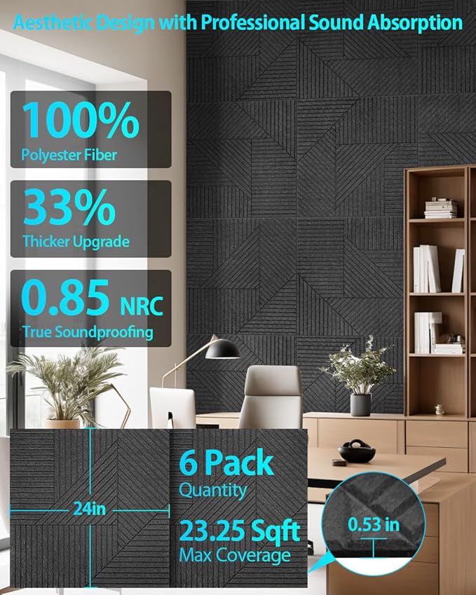 6 Pack Acoustic Wall Panels Self-Adhesive, 23.6" X 23.6" X 0.5" Decorative Acoustic Panels, Soundproof Wall Panels for Studio, Home & Living Room, Polyester - Grille Black