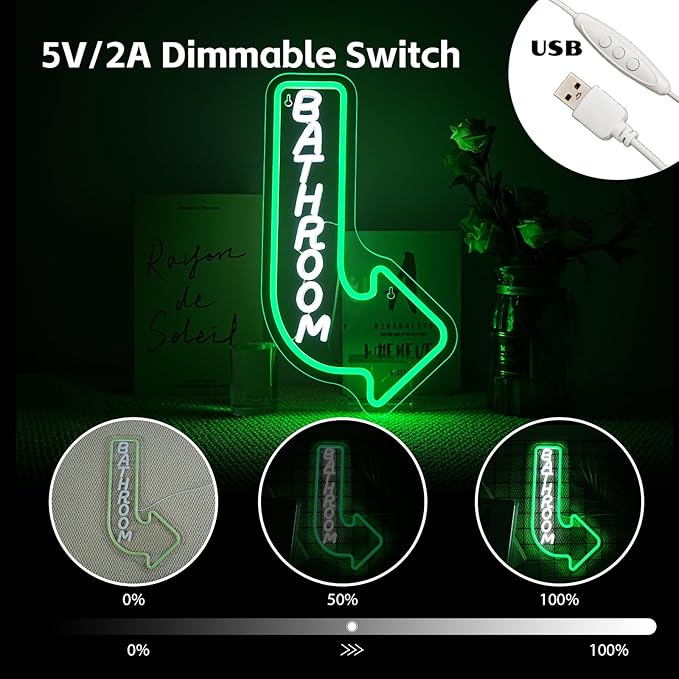 Looklight Bathroom Arrow Neon Signs for Wall Decor Green White LED Word Light Sign Right-Pointing Arrow Neon Light USB Light Up Letters Sign for Bathroom Bar Home Toilet Park Party Decor