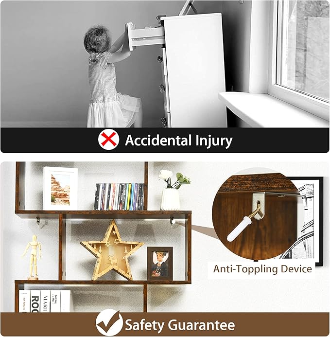 6 Tier Geometric Bookcase, S Shaped Bookshelf, Book Shelf Room Divider, Wood Freestanding Display Shelves, 75 Inch Staggered Bookshelf for Bedroom Living Room (2, Rustic Brown)