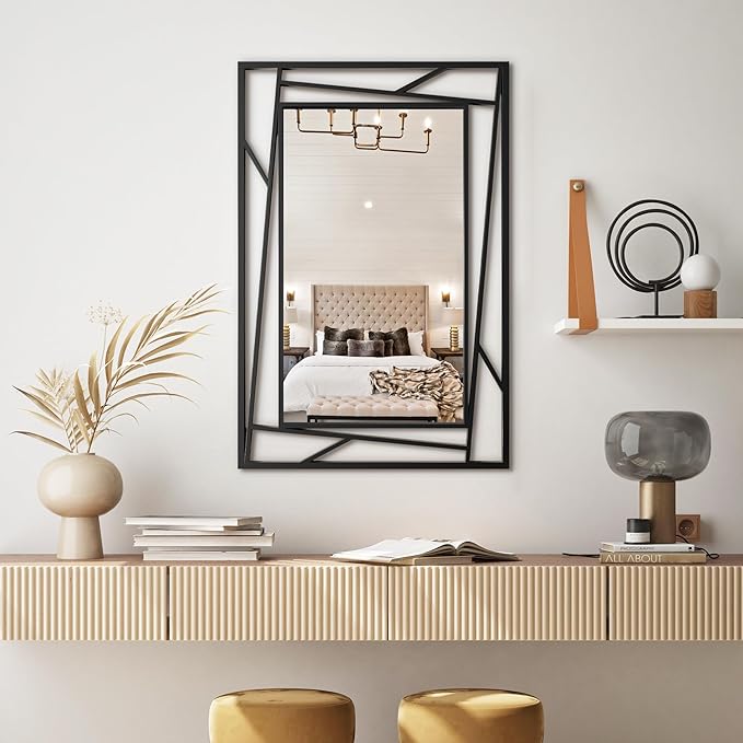Black Bathroom Mirror 36''X24'' Rectangle Decorative Wall Mirrors with Geometric Metal Frame for Bathroom, Living Room, Bedroom, Entrance, Horizontal/Verticall, Easy to Install