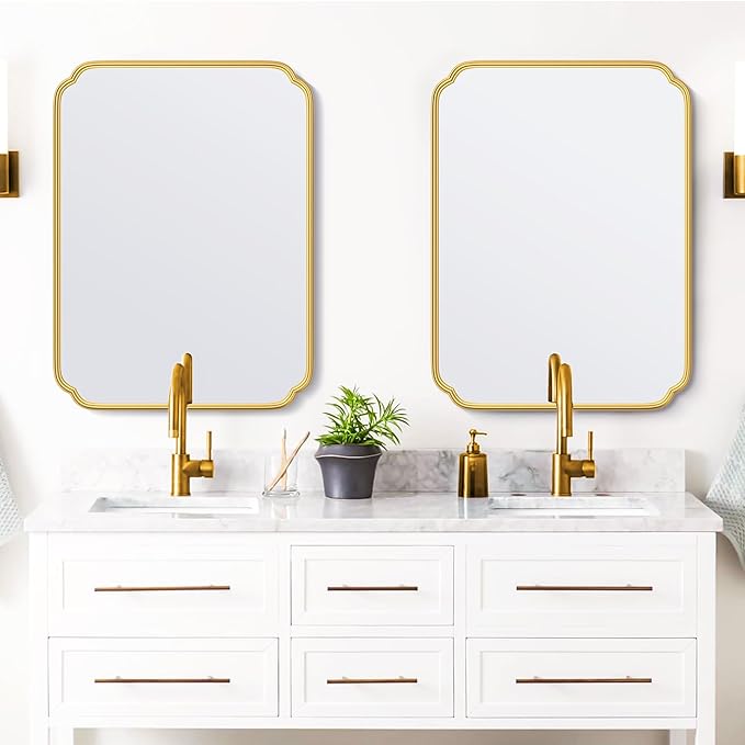 28"x36" Gold Bathroom Mirror with Rustproof Metal Frame, Modern Rounded Corner Wall Mirror for Vanity Over Sink, Horizontal/Vertical Hanging